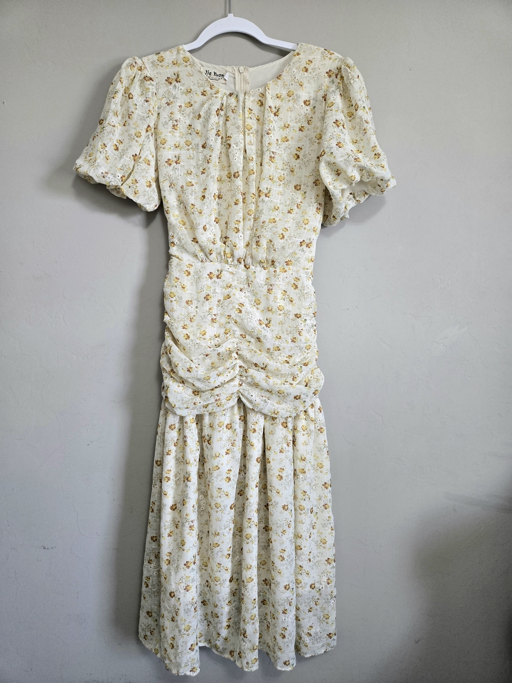 Floral Cream Ruched Midi Dress